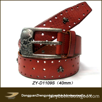 Brown Perforate Genuine Leather Belt Whit Skull Heads (ZY-D1109S)